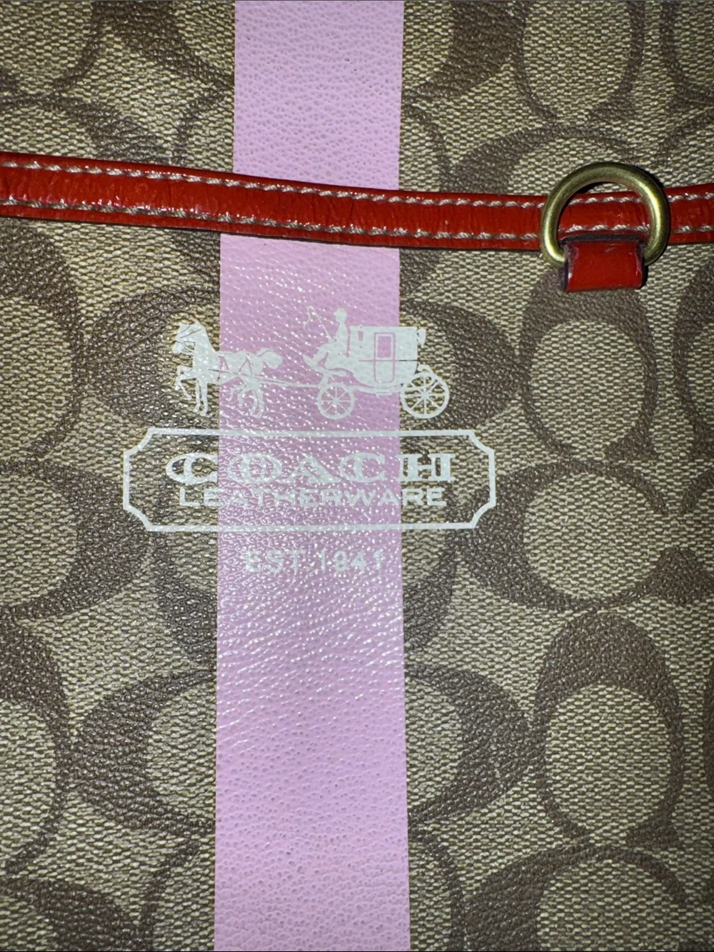 Coach Brown Signature Crossbody with Pink Center Stripe and Red Trim